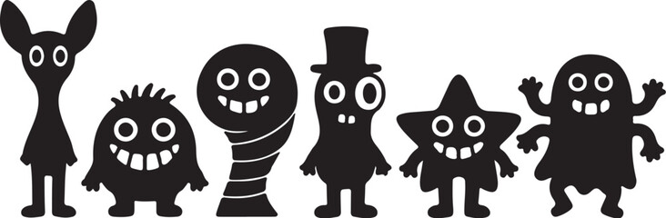 Collection of six cartoon monster silhouettes with large eyes and mouths on a white background creature on transparent background