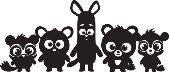 Obraz premium Group of Five Cute Cartoon Animal Silhouettes with Big Eyes on White Background animals on transparent background