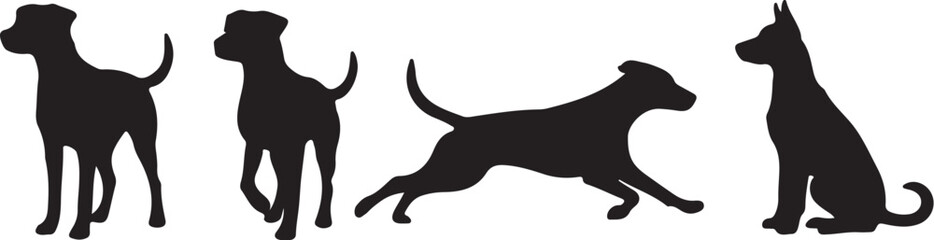 Four Dog Silhouettes in Different Poses on White Background canine animal on transparent background