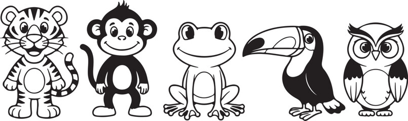Naklejka premium Lineup of Five Cartoon Animals Including Tiger, Monkey, Frog, Toucan, and Owl vector illustration on transparent background