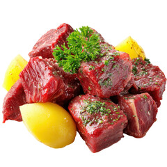 Irish stew meat food meal, A hearty bowl of Irish stew featuring tender meat, potatoes, and vegetables in a rich broth, isolated on transparent background