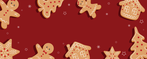 Merry Christmas banner, cards or background, design template. Homemade gingerbread man cookie theme concept, holiday fair and sale. Vector illustration.