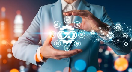 Illustration of a business person holding a digital icon representing automation, showcasing the concept of streamlining processes and improving efficiency in business