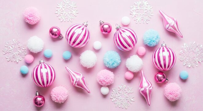 Celebrate the season with whimsical pink Christmas ornaments and fluffy pom poms for a touch of playful holiday cheer and festive design inspiration