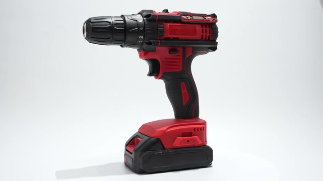Battery cordless drill driver rotates on a white background. Full view shows grip, battery pack, and bit holder in studio lighting.