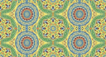 Intricate kaleidoscopic mandala pattern featuring vibrant symmetrical designs in green yellow and