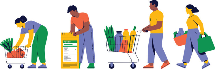 People Shopping for Groceries and Food in Market or Supermarket with Trolley and Basket Flat Vector Illustration in Cartoon Style Design