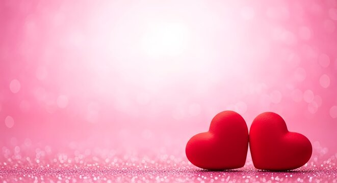 Two red hearts on a sparkling pink background, symbolizing love and romance