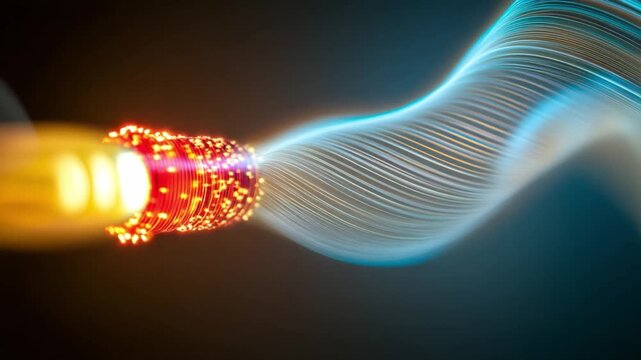 Illuminating Fiber Optic Cable: A close-up showcases a fiber optic cable in action, transmitting a radiant beam of light, symbolizing the core of high-speed data transfer and digital connectivity.