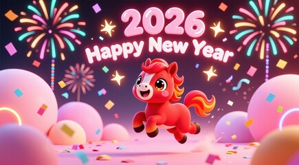 2026 Happy New Year greeting card with an adorable, smiling horse character surrounded by colorful fireworks, stars, and confetti, featuring a bright and joyful.