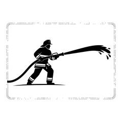 Black silhouette firefighter spraying water from hose with splashes image