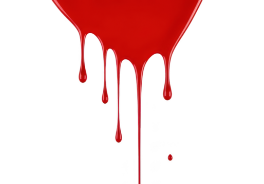 Red liquid drips, creating fluid streaks and drops, dynamic flow concept. isolated on transparent background