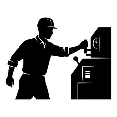 Black silhouette man in hard hat operating industrial machine with lever and dial worker operator