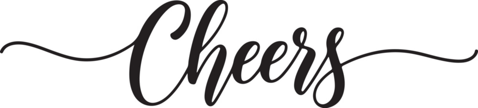 Black script calligraphy word Cheers with flourishes on a white background toast celebration