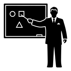 Silhouette man in suit pointing stick at geometric shapes on blackboard shirt