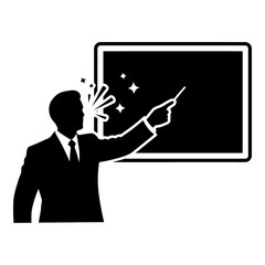 Silhouette man in suit pointing stick at blackboard with sparkles vector graphic image