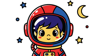 Happy young boy astronaut wearing a space helmet with a moon and stars in the background, dreaming of space adventure.