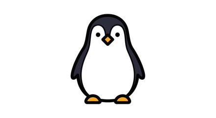 Cute penguin standing upright, isolated white background, black and white outline drawing.