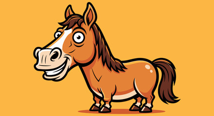 Happy and friendly brown horse standing with a big smile in a bright studio background.