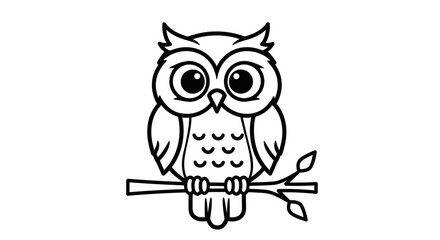 Cute owl sitting on a branch, isolated white background, black and white outline drawing.