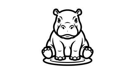 Cute baby hippopotamus sitting, isolated white background, black and white outline drawing.