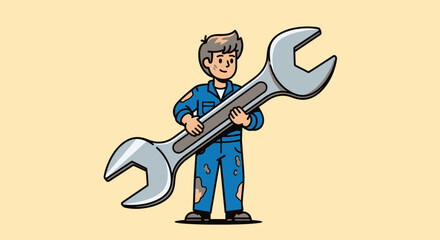 Male mechanic in blue uniform holding a giant wrench, looking confident in a bright studio background.