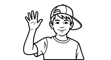 Friendly cartoon boy wearing a cap, happily waving his hand in an outline drawing, on an isolated white background.
