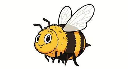 Adorable cartoon bee with black and yellow stripes flying happily on an isolated white background.