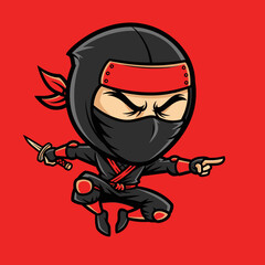 Fierce cartoon ninja character in black suit holding a dagger and pointing forward on a solid red background.