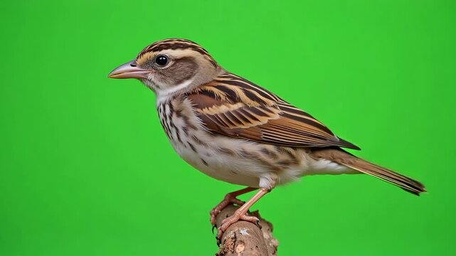 Adorable song sparrow perched attentively on a branch against a vibrant green screen backdrop, ideal for nature documentaries and educational content about birds