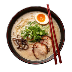 Japanese tonkotsu, A bowl of rich Japanese tonkotsu ramen, featuring creamy broth, noodles, sliced pork, and green onions, isolated on transparent background