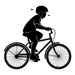 Black silhouette of a child wearing a helmet riding a bicycle white