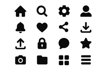Collection of 16 minimalist black icons for interface design and navigation