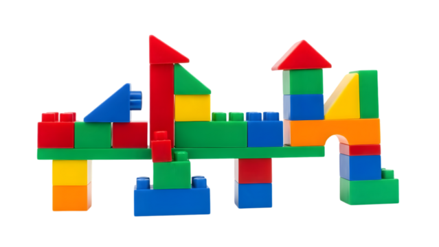 Colorful plastic blocks arranged in creative layout, isolated on white background, bright and clean.