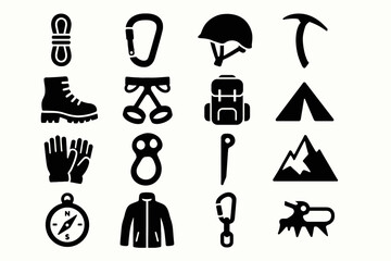 Essential mountaineering gear icons: rope, carabiner, helmet, backpack, compass, gloves