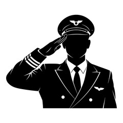 Black silhouette of pilot in uniform saluting with wings emblem on cap and jacket hand