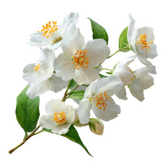 jasmine flowers, A branch of jasmine flowers featuring small white blooms and dark green leaves, highlighting their natural elegance, isolated on transparent background