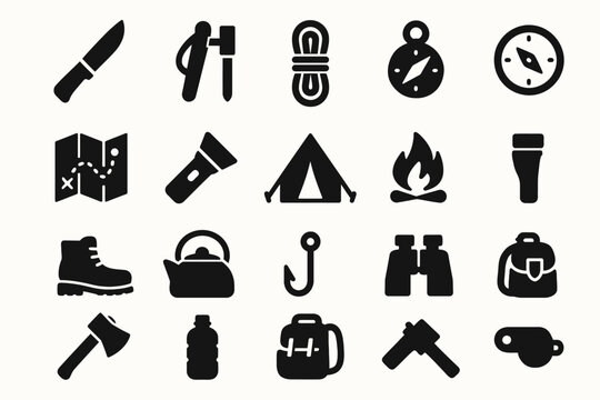 Camping essentials icons: knife, axe, rope, compass, map, tent, fire, flashlight, backpack, boots