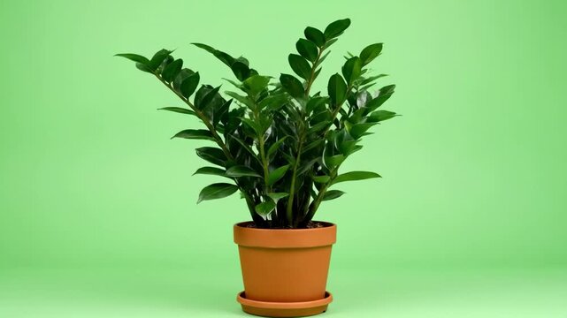 ZZ Plant in Terracotta Pot A Lush Green Indoor Plant on Green Background
