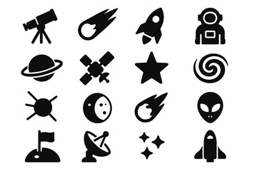 Space icons collection featuring telescope, rocket, and alien symbols