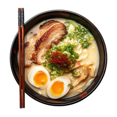 Japanese tonkotsu, A bowl of rich Japanese tonkotsu ramen, featuring creamy broth, noodles, sliced pork, and green onions, isolated on transparent background