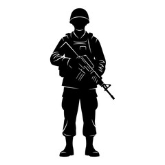 Black silhouette of a soldier in uniform holding a rifle on a white background military army