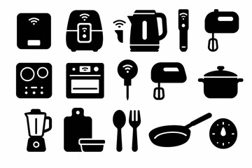 Silhouette icons of various kitchen appliances and utensils