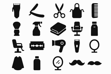 Barber shop tools and equipment icons: clippers, razor, scissors, apron, mirror