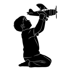 Silhouette of a young boy kneeling playing with toy airplane on white background child 1