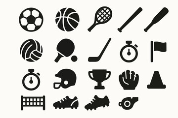 Collection of sports equipment silhouettes and icons