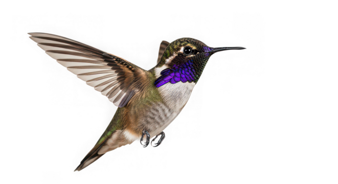 A colorful hummingbird with wings spread against a transparent background