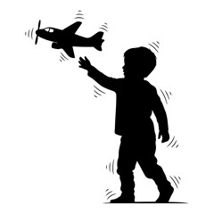 Black silhouette of a young boy reaching for a toy airplane in flight child 1