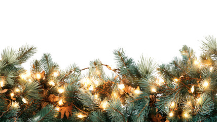 Festive christmas garland with warm glowing lights and pinecones isolated on transparent background