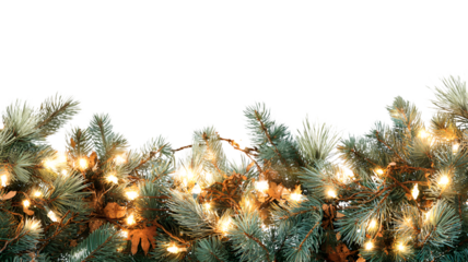 Festive christmas garland with warm glowing lights and pinecones isolated on transparent background